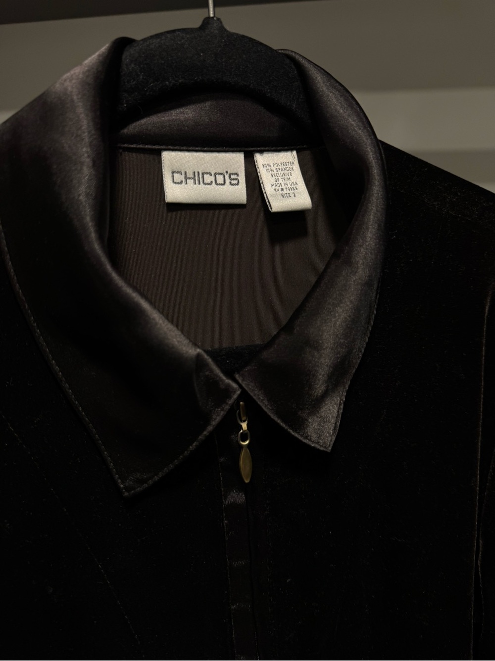 Chico's Brown Velvet Zip-Collar Blouse with Satin Trim